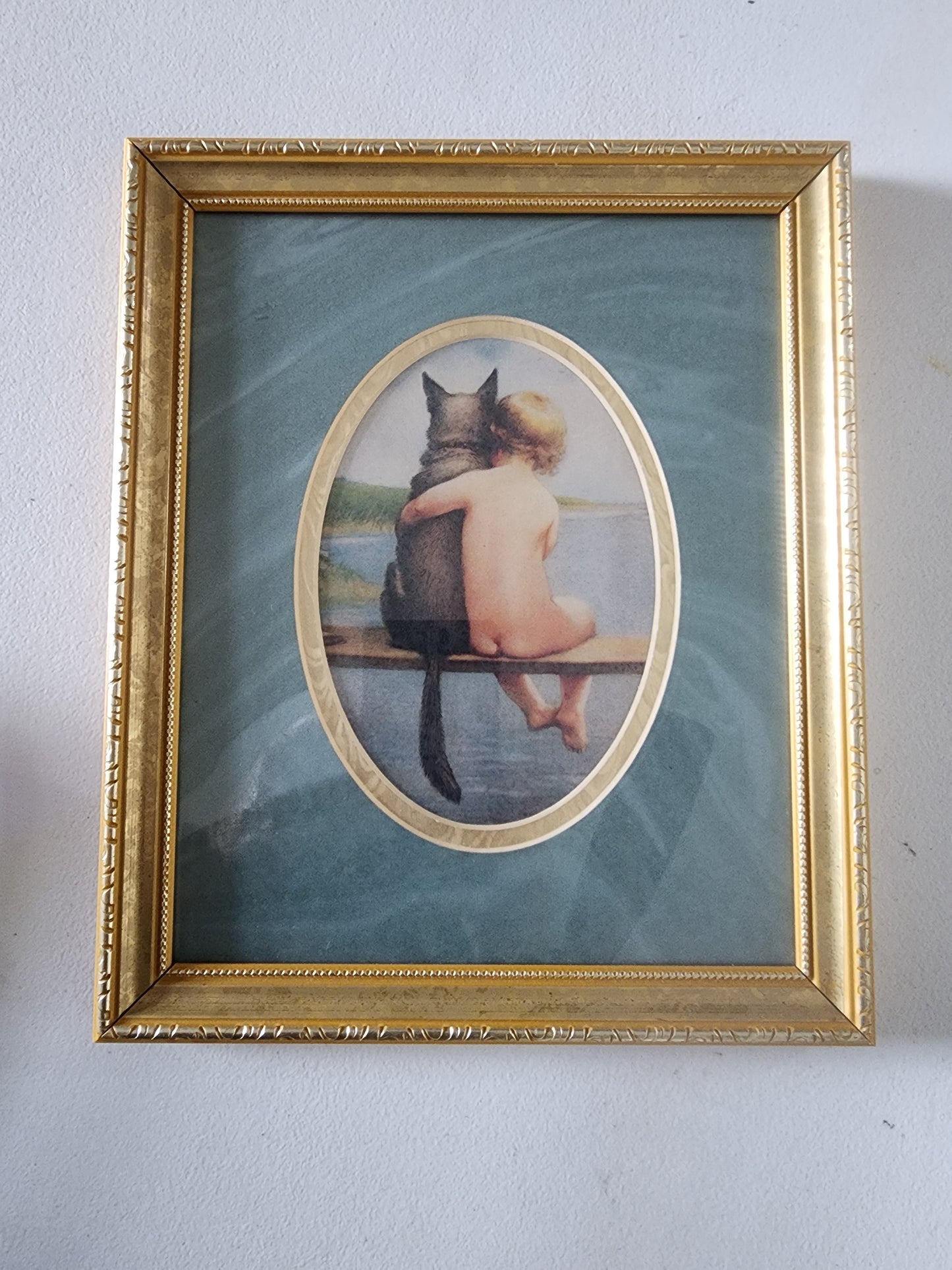 Gold Framed Print of boy and his dog, Pals 11.50" T x 9.15" w Bathing Beauties