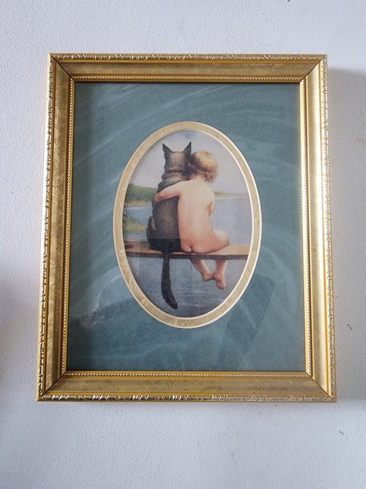Gold Framed Print of boy and his dog, Pals 11.50" T x 9.15" w Bathing Beauties