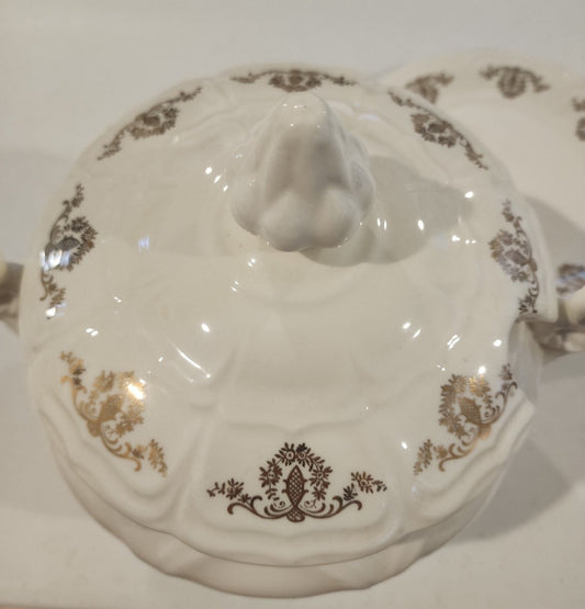 Vintage Porcelain Soup Tureen and plate  Gold Floral Design